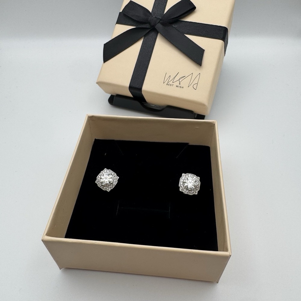 1CT Moissanite Halo Stud Earrings GRA Certified D VVS1 6.5mm Round Silver Tone